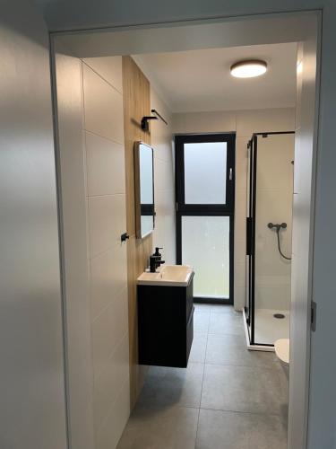 un baño con lavabo y espejo en Sol & Mar, en Międzywodzie