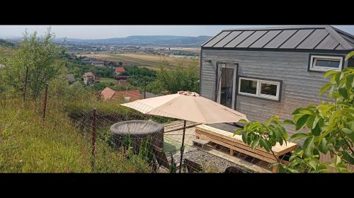 a small house with an umbrella and a bench at Tiny House Cluj with Jacuzzi in Sînnicoară