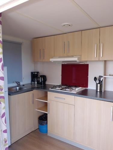 a kitchen with wooden cabinets and a stove top oven at Mobil-home xl 4 personnes avec télé in Boofzheim