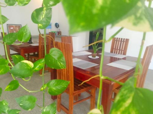 a dining room with a table and chairs and plants at Savendro Villa Hikkaduwa in Hikkaduwa