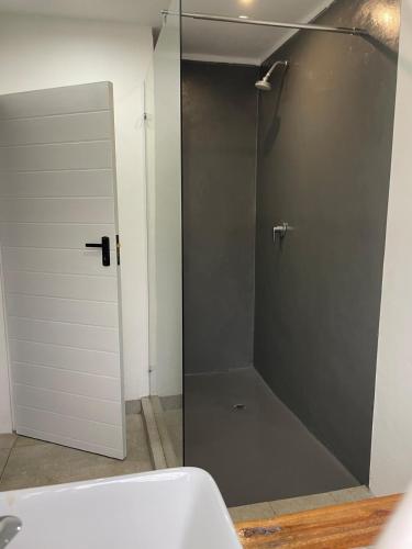a shower with a glass door in a bathroom at Golden Acre Farm in Mansfield