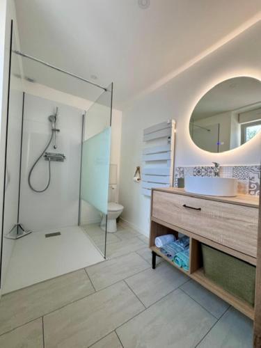 a bathroom with a glass shower and a sink at L'atelier du Vannier in Fayl-Billot