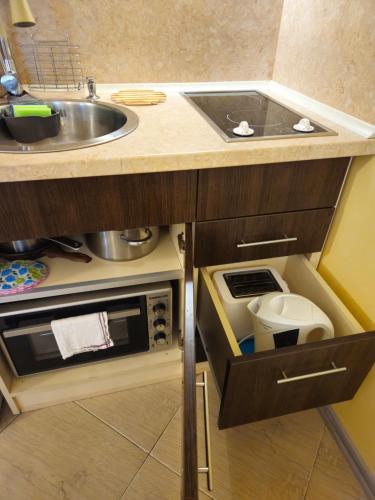 a small kitchen with a sink and a microwave at Milushevi apartment in Golden Sands