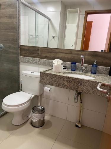 a bathroom with a toilet and a sink and a mirror at Oka Beach Residence Muro Alto in Cupe