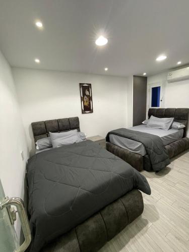 a bedroom with two beds in a room at Pyramids Elsewedy home in Ghaţāţī