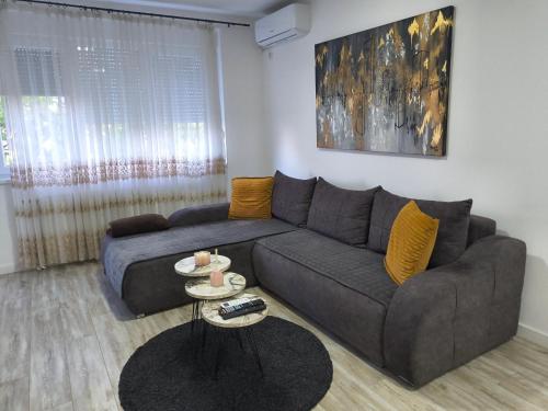 a living room with a couch and a table at PANORAMA Apartment Sombor in Sombor