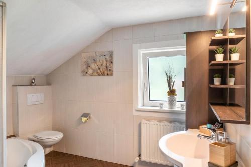 a bathroom with a toilet and a sink and a window at Ferienwohnung Montana Amor in Prutz