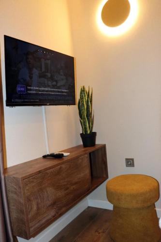 a room with a tv and a stool and a plant at Superior Petit Studio in Mytilini