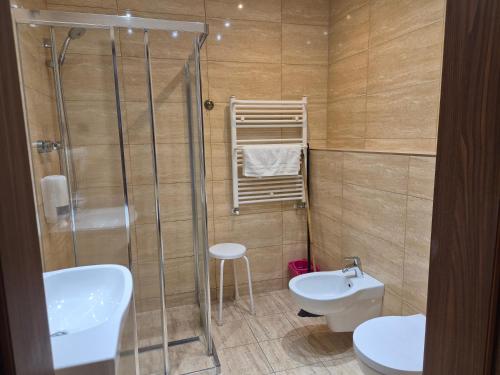 a bathroom with a shower and a toilet and a sink at Chata nad Sztolnią in Bystrzyca Górna