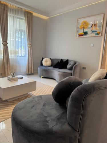 una sala de estar con un sofá y una silla en ONE BDRM apartment In Kisasi, en Nalakonge
