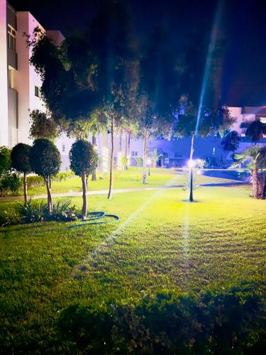 a park at night with trees and a light at Appartement avec piscine in Mohammedia