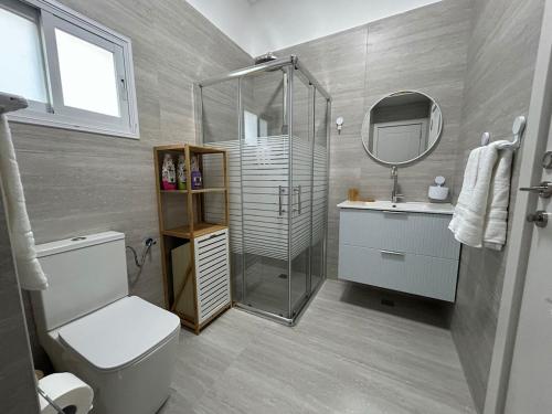 a bathroom with a shower and a toilet and a sink at Eden apartment in Haifa