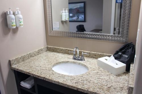 a bathroom counter with a sink and a mirror at Ramada by Wyndham Sherwood Park in Sherwood Park