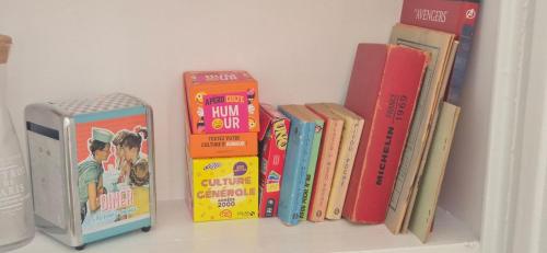 eine Gruppe von Büchern auf einem Regal in der Unterkunft Le petit vintage #souvenirs# in Anet