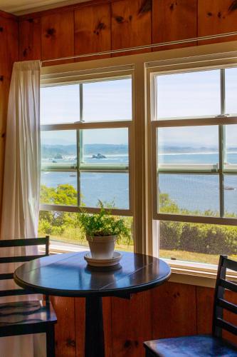 a table with a potted plant sitting in front of a window at Lookout At Trinidad Bay in Trinidad
