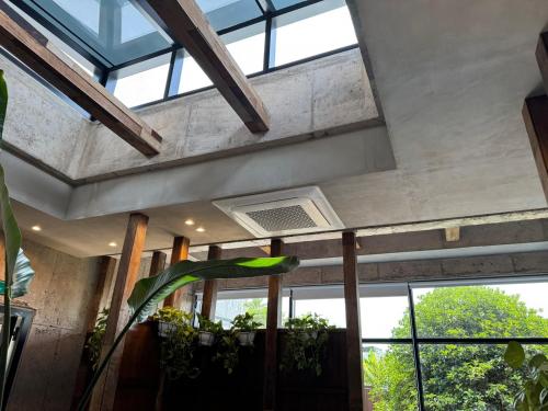 a room with windows and a ceiling with skylights at Jeju Dodu Tropical Premium Pool Villa in Jeju