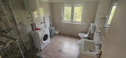 a bathroom with a washing machine and a toilet at Olive Roots Yard House in Trebinje