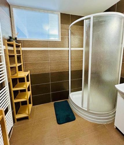 a bathroom with a shower and a blue rug at Apartmán Amy - Kvilda in Kvilda