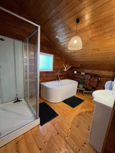 une grande salle de bain avec baignoire et douche dans l'établissement Landscape chalet, à Saint-Christophe