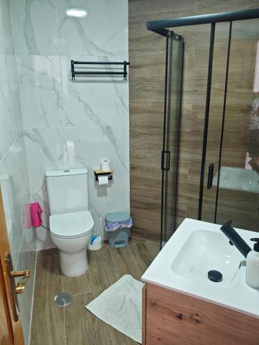 a bathroom with a toilet and a shower and a sink at Apartamento Torrenueva en playa 4 planta in Torrenueva