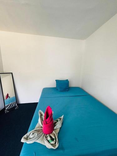a bedroom with a blue bed with a pink hat on it at LA CASONA SV Hostal in La Libertad