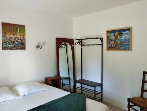 a bedroom with a bed and a mirror and a chair at Casa Adam's in Saint-Jean-le-Thomas