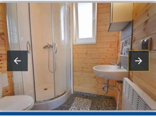 a bathroom with a shower and a sink and a toilet at Błękitna Przystań Pobierowo in Pobierowo
