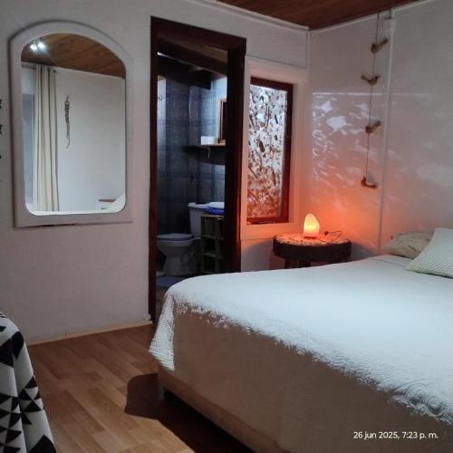 a bedroom with a white bed and a bathroom at Casa Minerva in Pucón