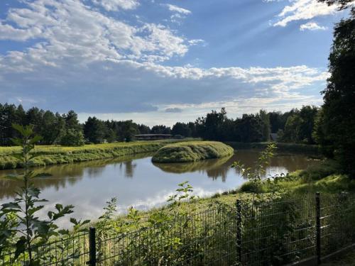 a river with a fence next to a field at Dom Wczasowy Nad Lubaczowką in Radawa