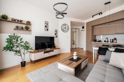 a living room with a couch and a tv at Vuelo Sobre by In Property in Becici