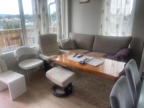 a living room with a couch and a table and chairs at Senator appartment with 3 bedrooms near Oslo Airport in Råholt