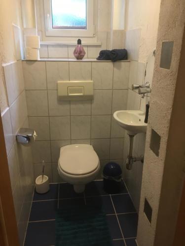 Un baño pequeño con inodoro y lavabo. en Ferienwohnung Dieterle, en Wutöschingen