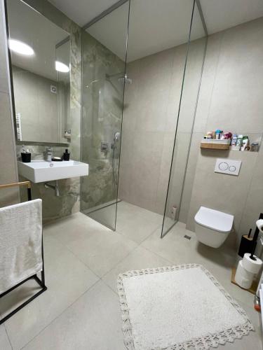 a bathroom with a shower and a toilet and a sink at Apartman Yellow Bjelasnica in Bjelašnica
