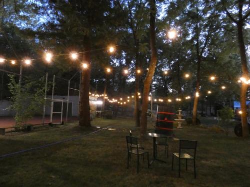 a park lit up at night with lights on trees at Hotel Rural Camino Medulas in Ponferrada