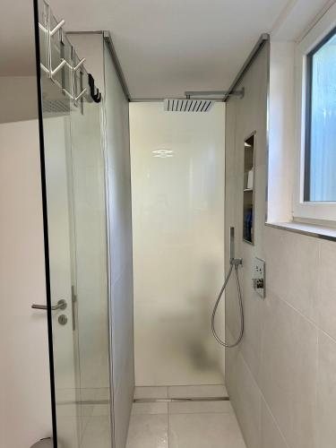 a shower with a glass door in a bathroom at Apartment Blick Lischana- ein Traum mit Bergpanorama, Sauna, Hottub in Scuol