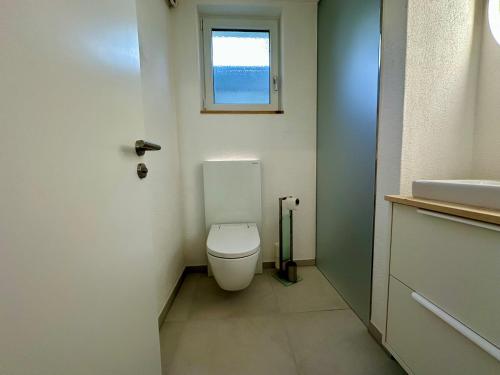 a small bathroom with a toilet and a window at Apartment Blick Lischana- ein Traum mit Bergpanorama, Sauna, Hottub in Scuol