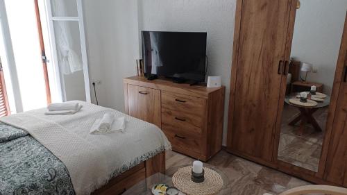 a bedroom with a bed and a television on a dresser at Viola Elounda Apartament in Skhísma