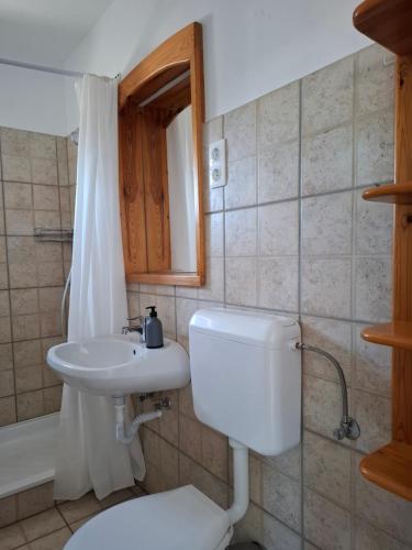 a bathroom with a toilet and a sink at Família Apartmanház in Keszthely