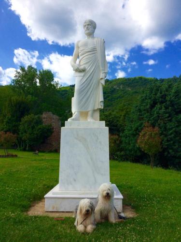 two dogs sitting next to a statue of a woman at Ammolithos Beach in Stavros