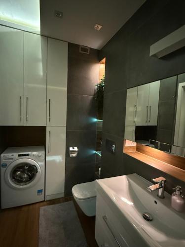 a bathroom with a washing machine and a sink at Lubicz Apartment 70m2 in Kraków