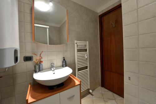 a bathroom with a sink and a mirror at Monolocale sulle piste in Champsil