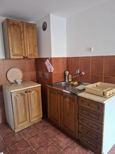 a kitchen with wooden cabinets and a sink at Home Well Apartman Vranje in Vranje