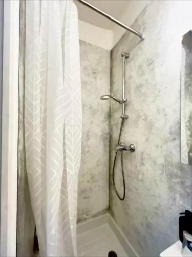 a shower with a shower curtain in a bathroom at Nice studio with a terrace in Levallois-Perret
