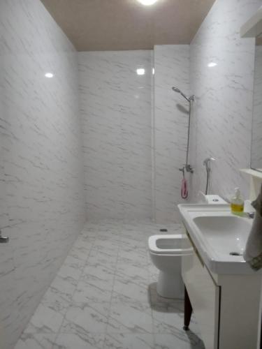 a white bathroom with a toilet and a sink at Baku Confor Home in Baku
