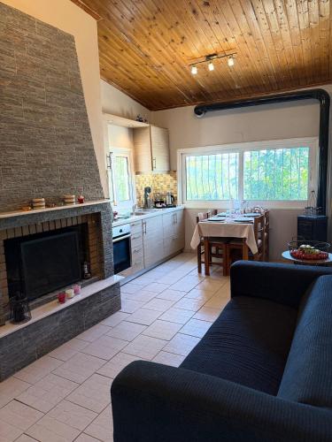 a living room with a couch and a fireplace at Serenity home Salamina in Áyios Yeóryios