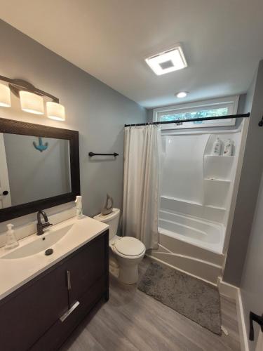 a bathroom with a sink and a toilet and a shower at Green Meadow Cabin in Murfreesboro