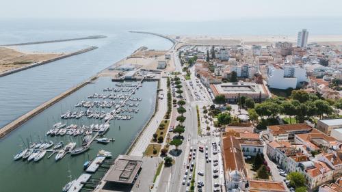 an aerial view of a harbor with boats at Casa dos Loiros in Figueira da Foz
