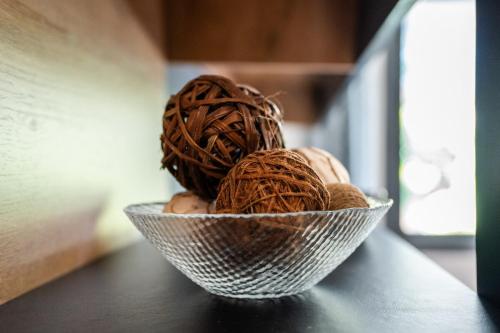 a glass bowl filled with eggs on top of a table at Résidence Cerezo in Maarif