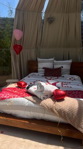 - un lit avec des oreillers rouges dans l'établissement Bulle insolite avec jacuzzi privé - Nature & romantisme a Fréjus, à Fréjus