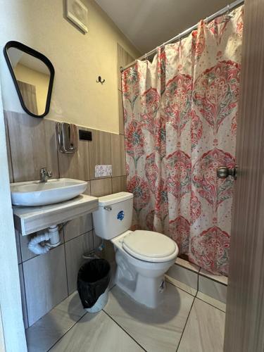 a bathroom with a toilet and a sink and a shower curtain at Sky Garden in Guatemala
